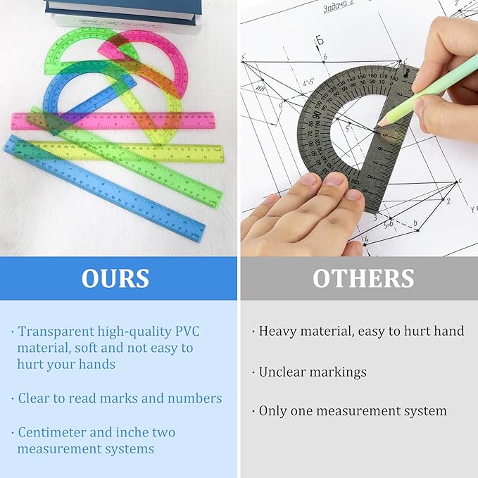 8pcs 6in Plastic Protractor with 12in Plastic Ruler Set,Clear Protractor Clear Ruler Math Geometry Protractor Ruler Set Student Classroom Protractor with Ruler,Transparent Protractor for School