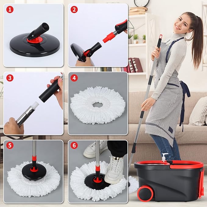 Spin Mop and Bucket with Wringer Set on Wheels, 360° Spinning Mop Bucket System with 3 Microfiber Mop Replacement Heads and 61" Stainless Steel Adjustable Handle for Floor Cleaning (25QT)