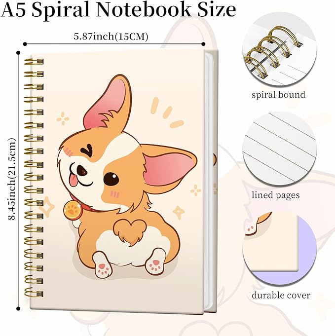 Spiral Notebook Journal for Women Men, A5 Hardcover Journal, 120 Pages Thick Paper, College Ruled Writing Notebook for School, Work & Office 8.3'' × 5.9''(Cute Corgi Dog)