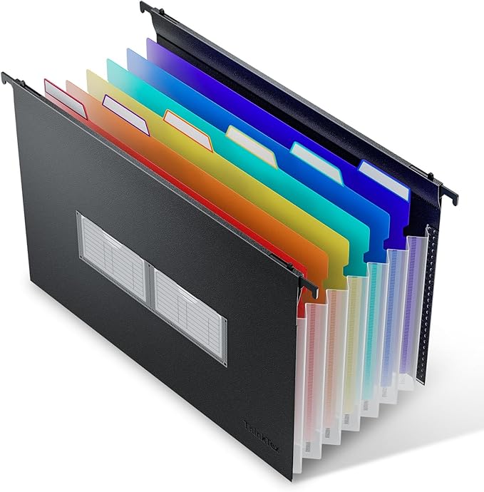ThinkTex Plastic Expanding Hanging File Folders, 7 Innovative 1.2" Accordion Pockets, Large Capacity, Multi-Color Tabs, Legal Size for Filing Cabinet - 1 Pack