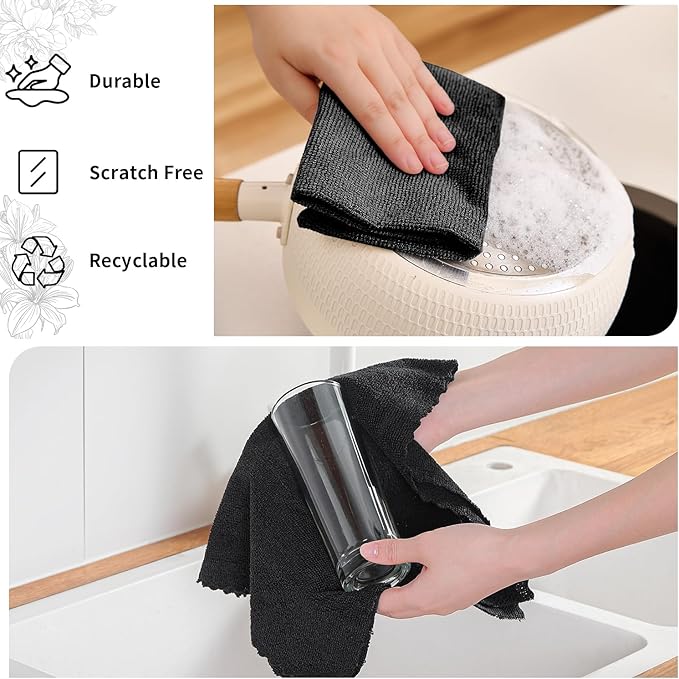 Tigona 80 Pack Microfiber Cleaning Cloth Roll,Lint Free Rags & Tear Away Reusable Towels Washable Scratch,Ultra Absorbent Dish Rags(12" x 12") for Car Kitchen Home Garage-Black