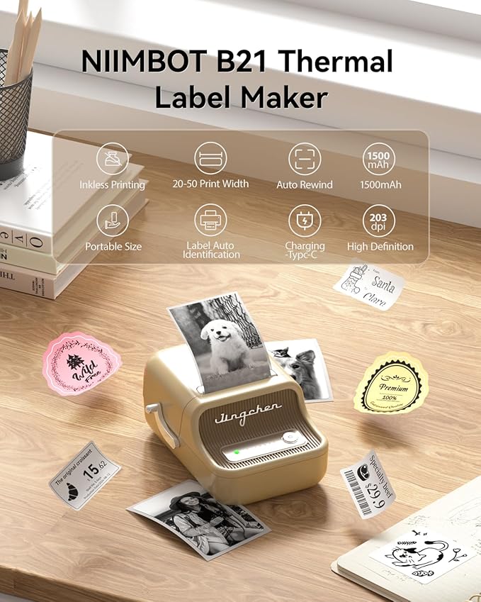 NIIMBOT B21 Label Maker, 2 Inch Portable Thermal Label Printer, Label Maker Machine with Tape, Compatible with Android, iOS & PC,Labeling for Home Storage Office and Small Business,Off-White