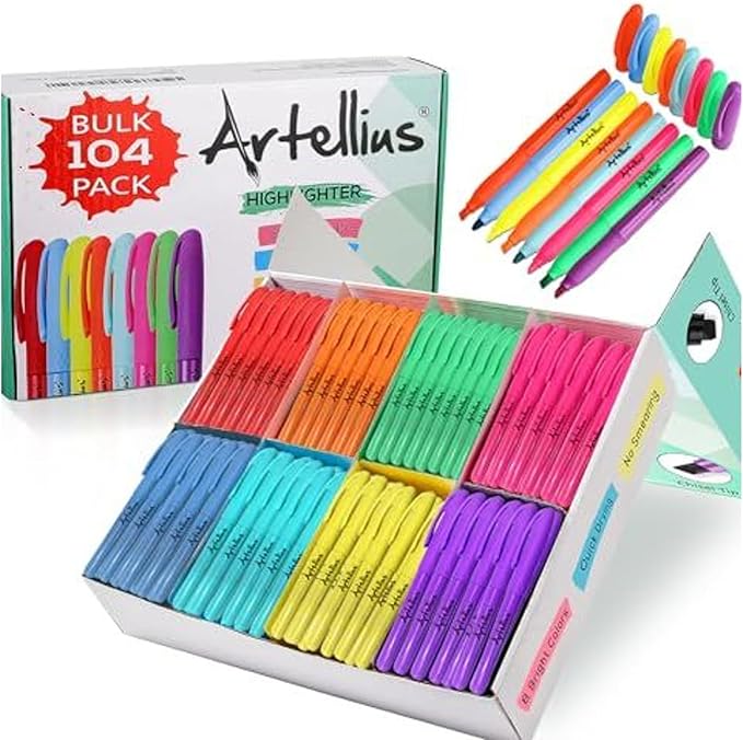 Artellius 104 Pack Vibrant Highlighters Assorted Colors Bulk Set (8 Bright Colors), Quick-Dry, Neon Pastel Chisel Tip Highlighter Set for Underlining, Highlighters Bulk Perfect for Class, Office