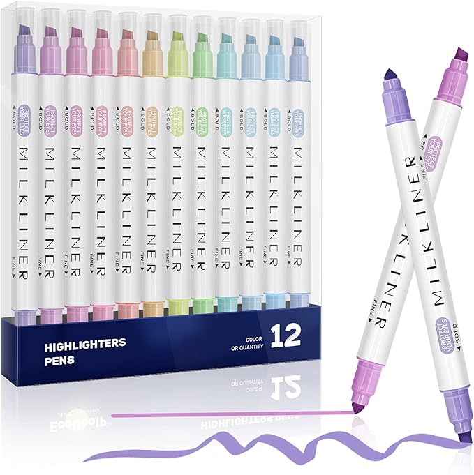 YOOUSOO Pastel Highlighters Set, 12 Unique Retro Colors, Highlighters Assorted Colors, Quick Dry Dual tip and Fine Tip No Bleed Highlighter Markers for Bible Journals Planners Books Notes