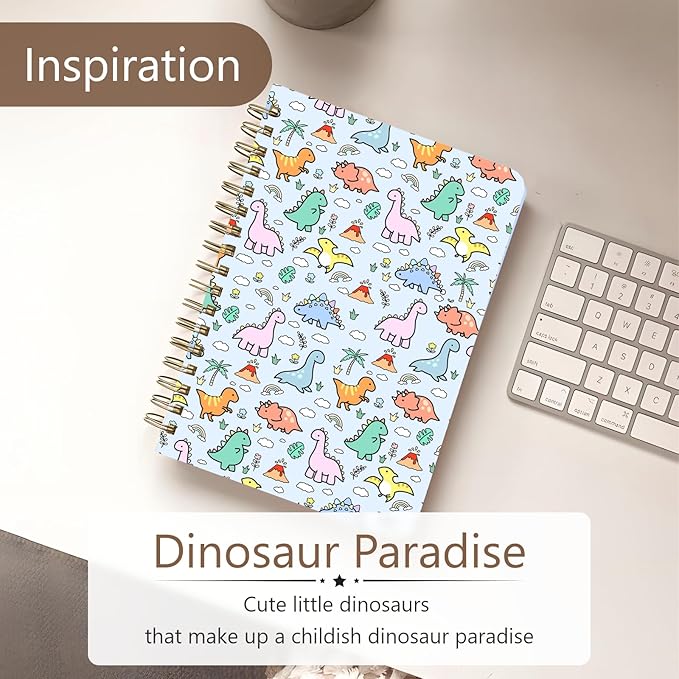 Cute Spiral Notebook journal A5 Aesthetic Pretty Floral Design for Women Girls Kawaii with Pocket, 8.5 x 5.7 inch, Blue Dinosaur