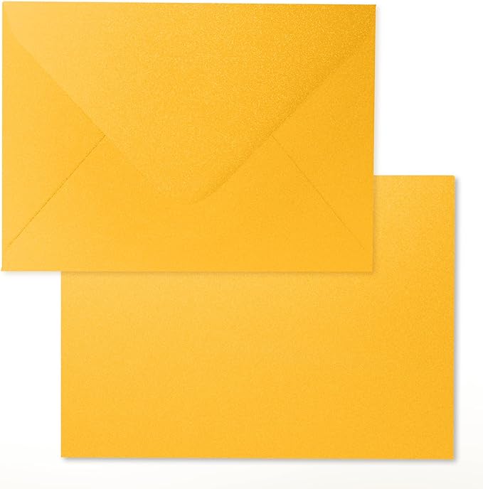 5x7 Gold Envelopes 100 Pack, Goefun A7 Yellow Shiny V Flap Envelopes for Invitation, 5x7 Greeting Cards, Graduation, Birthday, 5.25 x 7.25 in, 120GSM