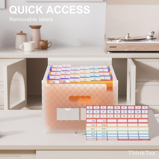 ThinkTex Accordian File Organizer, 26 Pockets Expanding File Folders, Monthly Bill Receipt Documents Organizer, A-Z Colorful Tabs, Letter/A4 Size -Orange