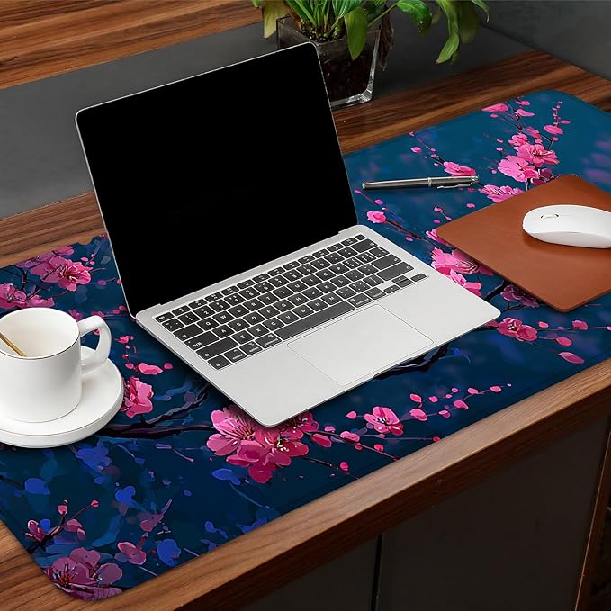 Elegant Cherry Blossom Mouse Pad – 31.5" x 11.8" Extended Desk Mat with Pink Peach Blossoms on Deep Blue Background – Large Non-Slip Surface for Home & Office Use