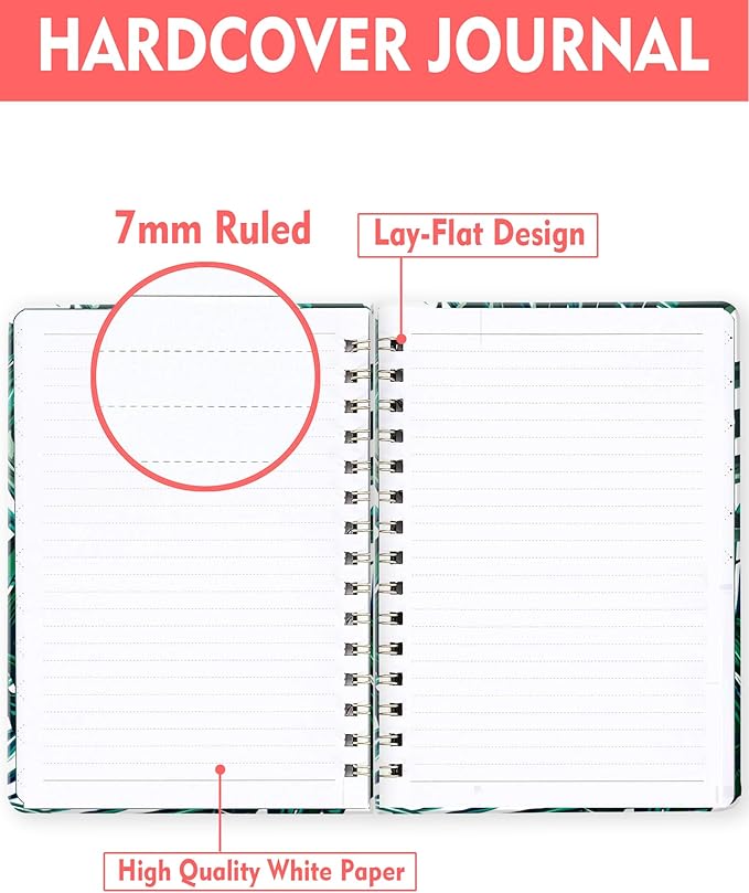 Spiral Journal Notebook for Women, Hardcover A5 College Ruled Notebook, 120 Pages, Thick Paper, Cute Lined Journal for School, Office & Work, 6 x 8.4 in(Palm Leaves)