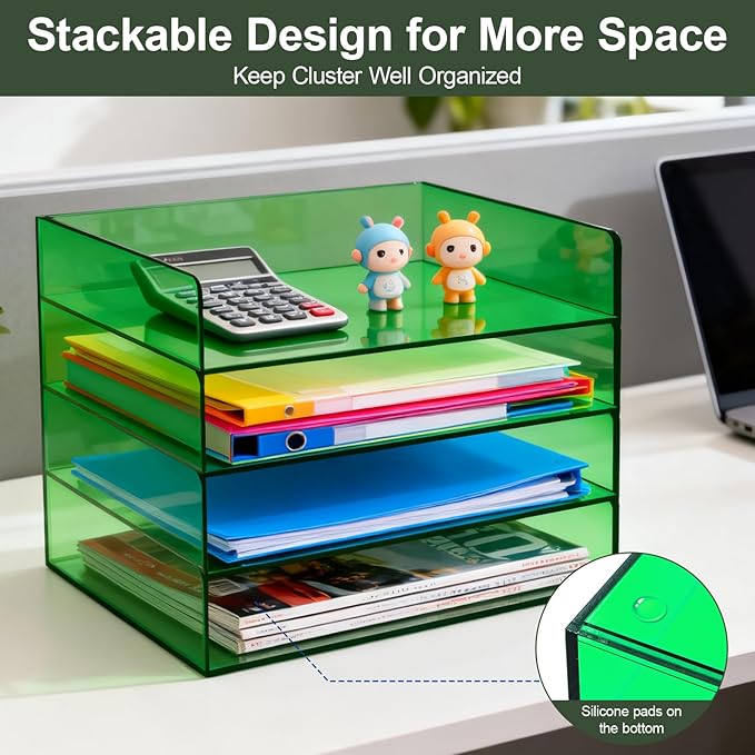 Acrylic File Organizer for Desk 4 Tiered Stackable Letter Tray Office Paper Storage Desktop Document Sorter, Emerald Green