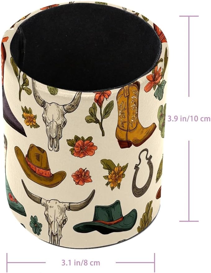 Western Cowboy Boots and Hats Circular Pen Holder, Pen Cup Makeup Brush Holder, Design for School, Home and Stationary Supplies (3.9 x 3.1 Inches)