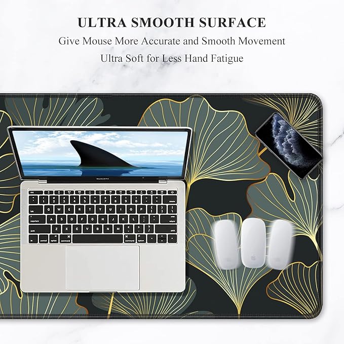 Auhoahsil Extended Mouse Pad, XXL Gaming Mouse Pads, Large Big Mousepad Laptop Computer Keyboard Mat Desk Pad with Non-Slip Base Stitched Edge for Gaming Office, 35.5 x 15.7 inch, Gold Line Leaves