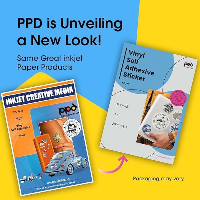 PPD Printable Vinyl Sticker Paper for Inkjet Printer, Matte Sticker Paper 8.5 x 11, Self-Adhesive Print Your Own Stickers at Home, Custom Photo, Waterproof & Tear Resistant, Instant Dry (20 Sheets)