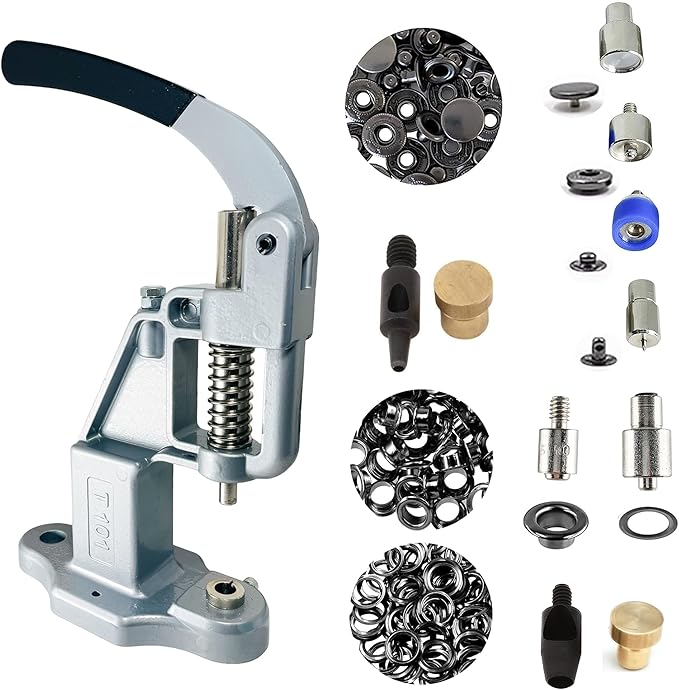 Hobby Trendy Hand Press with Rust Free Steel 50 Sets Ln24 15mm Fashion Spring Glove Snaps and 50 Sets Brass 8 mm (Nr5) Eyelets, Matching Dies and Hole Punches (Black Supplies, Silver Gray Press)