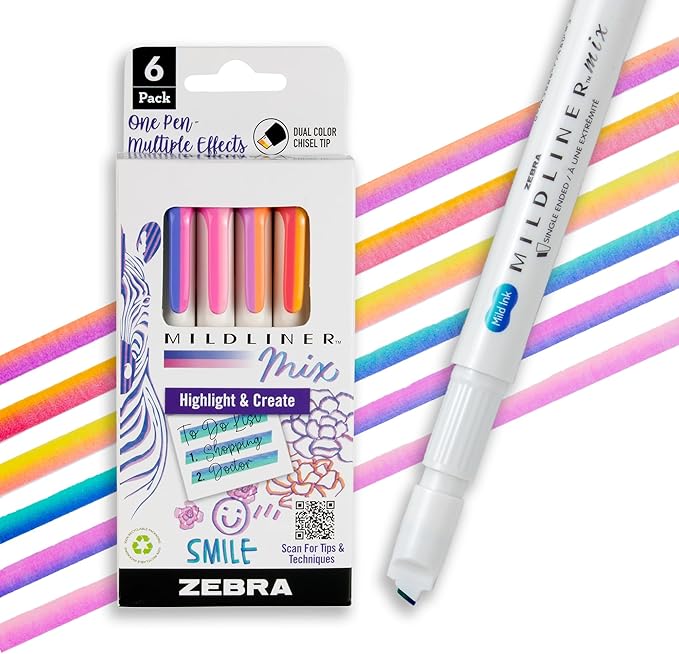 Zebra Pen Mildliner Mix Dual Color Highlighter Marker Set, Chisel Tip, Ideal for Bible Highlighting, No Bleed, School Supplies and Teacher Supplies, Assorted Colors, 6-Pack (77706)