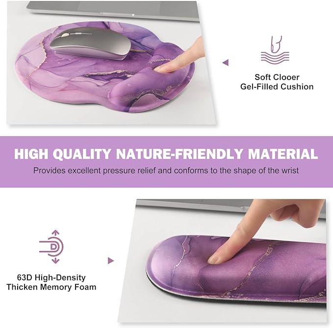 ToLuLu Desk Mat, XXL Large Mouse Pad Wrist Support Set，4 in1 Gaming Mousepad Desk Pad+ Ergonomic Mouse Pad with Wrist Rest + Keyboard Wrist Rest+Coaster for Women Home Office Computer, Purple Marble