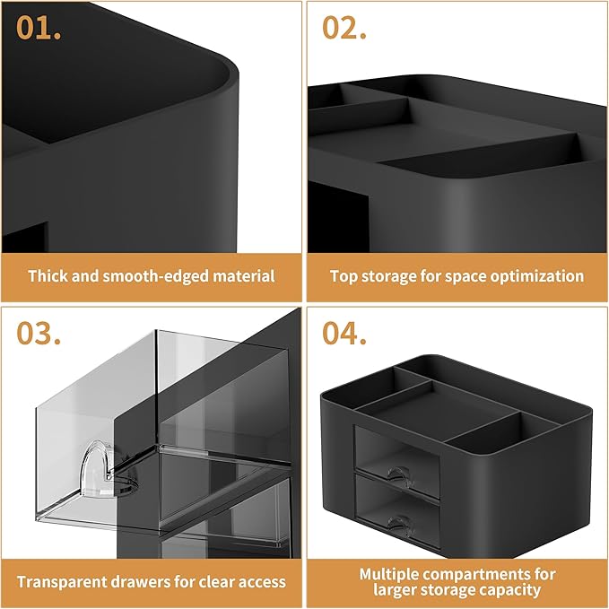 Marbrasse Pen Organizer with 2 Drawer, Multi-Functional Pencil Holder for Desk, Desk Organizers and Accessories with 5 Compartments + Drawer for Office Art Supplies (Black)