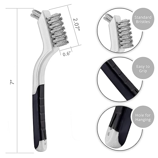 Lavaxon Wire Brush Set 3Pcs - Nylon/Brass/Stainless Steel Bristles with Curved Handle Grip for Rust, Dirt & Paint Scrubbing with Deep Cleaning – 7 Inches (Grey)