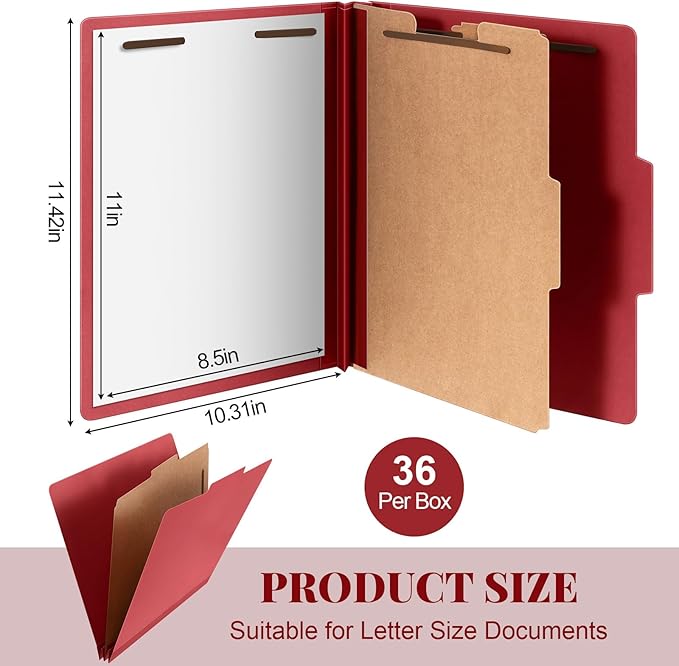 36 Pcs Classification Folders Letter Size, 1 Divider Pressboard File Folder with Fasteners, Expanding File Organizer Bulk for Teachers, Clergy, Office, Church, Christmas Donations (Red)