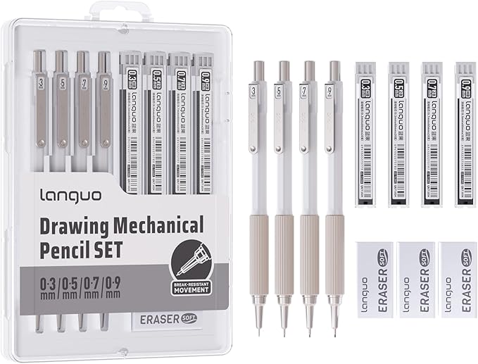 Mechanical Pencil Set with Case, 4PCS Drafting Pencils 0.3mm 0.5mm 0.7mm 0.9mm – 4 Tubes HB & 2B Lead Refills, 3 Erasers, Mechanical Pencil Kit for Writing & Drawing