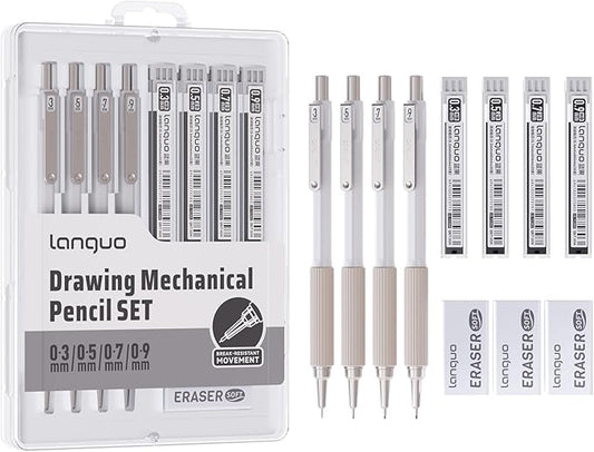 Mechanical Pencil Set with Case, 4PCS Drafting Pencils 0.3mm 0.5mm 0.7mm 0.9mm – 4 Tubes HB & 2B Lead Refills, 3 Erasers, Mechanical Pencil Kit for Writing & Drawing