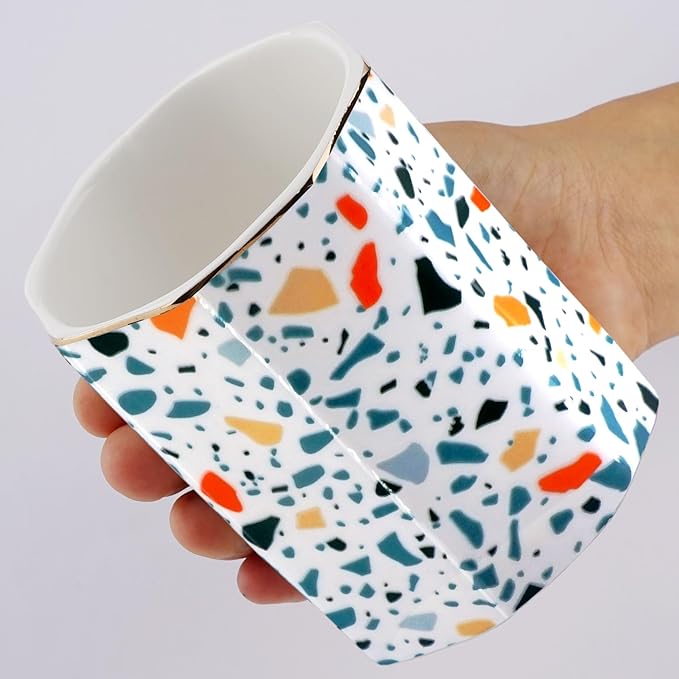Pen Holder, Makeup Brush Holder Ceramic Shiny Gold Terrazzo Marble Stone Pattern Pencil Cup for Girls Kids Women Durable Stand Desk Organizer Storage Gift for Office, Classroom, Home Colorful