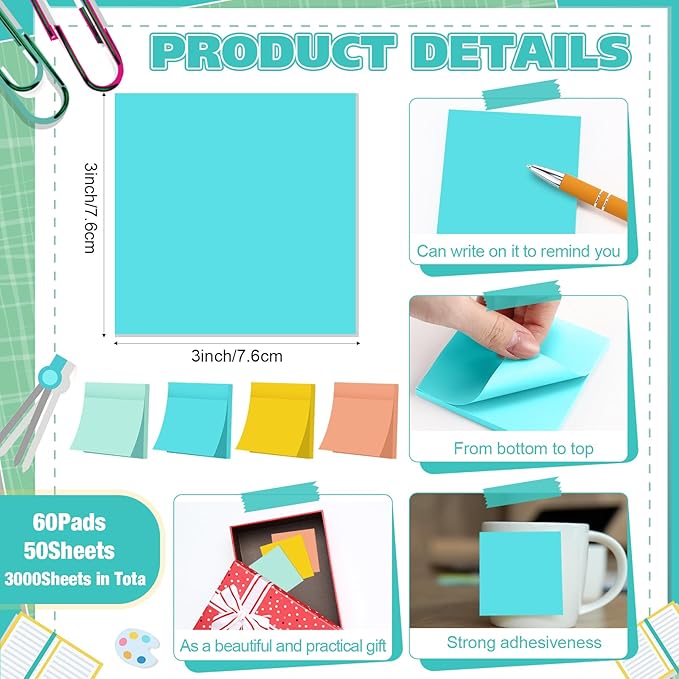 Fainne 60 Pack Sticky Notes Bulk Back to School Supplies Self Stick Note Pads Paper Memo for Office First Day of School Student Teacher Essentials (3x3inch,Bright Colors)