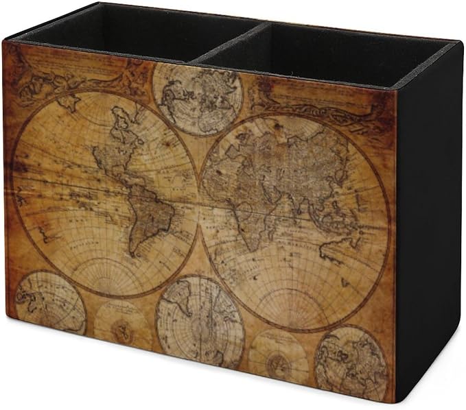 Pen Holder, Pencil Holder for Desk Organizer, Vintage Retro World Map PU Leather Pencil Cups Desktop Stationery Storage Makeup Brush Holder Pen Organizer for Office Home