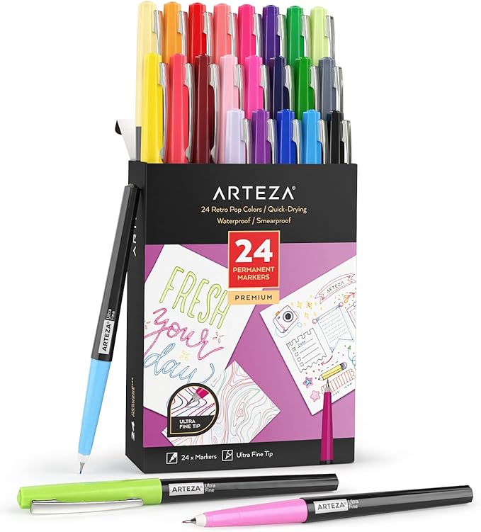 ARTEZA Permanent Markers, Set of 24, Ultra-Fine Tip, Retro Pop Colors