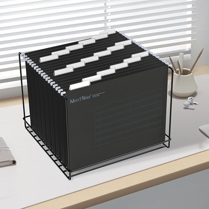 Merrynine Hanging File Folders Letter Size 72pcs, Paper Filing Cabinet Folders Organizer with 1/5-Cut Tabs and Inserts, Suspension File Organizers for Office School Home Hospital, Black