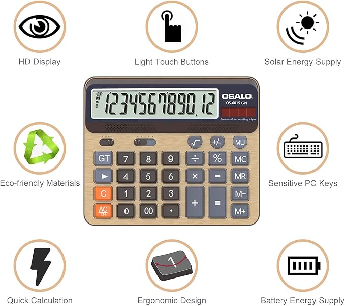 Desktop Calculator Extra Large 5-Inch LCD Display 12-Digit Big Number Accounting Calculator with Giant Response Button, Battery & Solar Powered, Perfect for Office Business Home Daily Use(OS-6815GN)