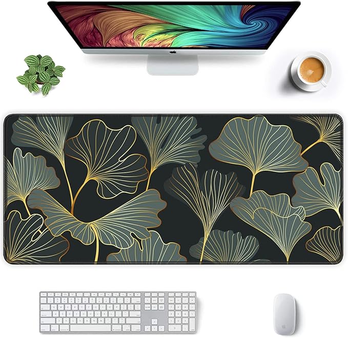 Auhoahsil Extended Mouse Pad, XXL Gaming Mouse Pads, Large Big Mousepad Laptop Computer Keyboard Mat Desk Pad with Non-Slip Base Stitched Edge for Gaming Office, 35.5 x 15.7 inch, Gold Line Leaves