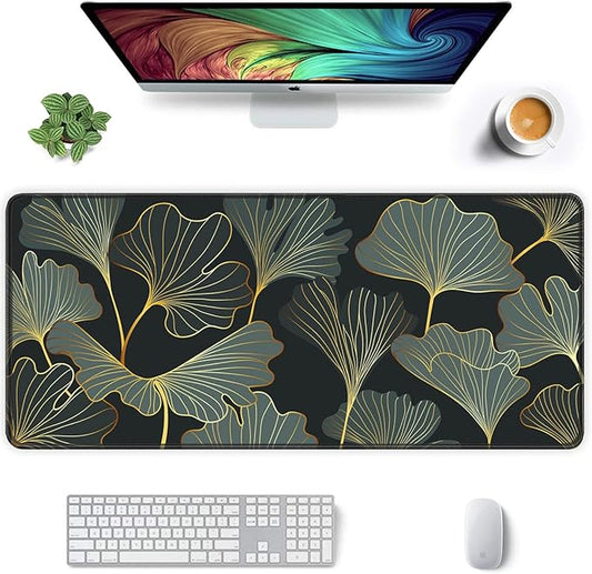 Auhoahsil Extended Mouse Pad, XXL Gaming Mouse Pads, Large Big Mousepad Laptop Computer Keyboard Mat Desk Pad with Non-Slip Base Stitched Edge for Gaming Office, 35.5 x 15.7 inch, Gold Line Leaves