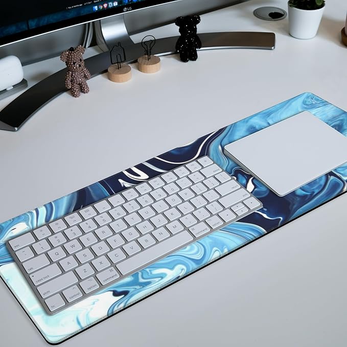 Large Gaming Mouse Pad for Desk Blue Marble Art Big Desk Mat Extended Mousepad with Stitched Edge and Non-Slip Base Long Computer Keyboard Mouse Mat for Home Office Work, 11.8 x 31.5 Inch