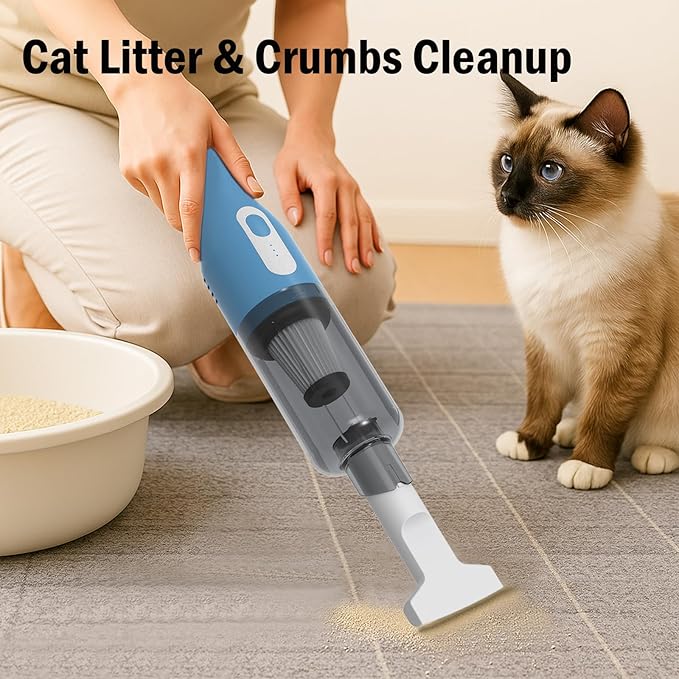 catsMeow Handheld Cordless Portable Car Vacuum Cleaner, 16000Pa High Power Rechargeable Hand Held Mini Vacuum with Multi-Nozzles for Car, Home, Office /V068 Blue and White