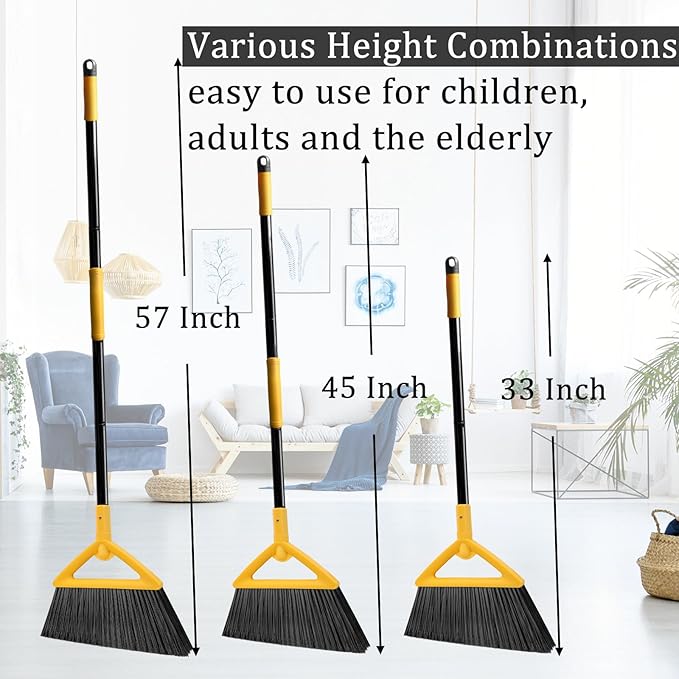 SZJYHQY Outdoor Indoor Broom, Brooms for Sweeeping Indoor, Heavy-Duty Kitchen Broom with Long Pole, Angle Broom for Garages Restaurant Courtyard Office Slidewalk Lobby Sweep Dust (BrightYellow, 3Pack)