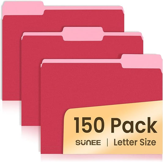SUNEE File Folders, 150 Pack Manilla Folders 8.5 x 11, Colored File Folders Home Office School Supplies for Documents Files Paper, Red