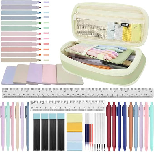 52 Aesthetic School Supplies with Cute Pen Case,5 Black, 2Blue,2 Red Ink Gel Pens,12inch and 6inch rulers,6 Mechanical Pencils for Students Stationary College Essentials