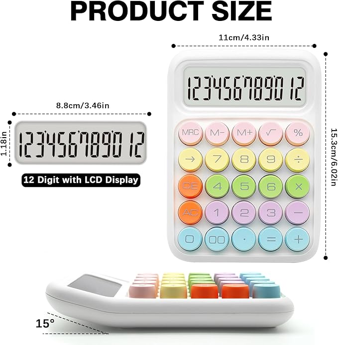 Standard Calculator - Colorful White with 12 Digit Display and Big Buttons, Cute Office and School Accessory
