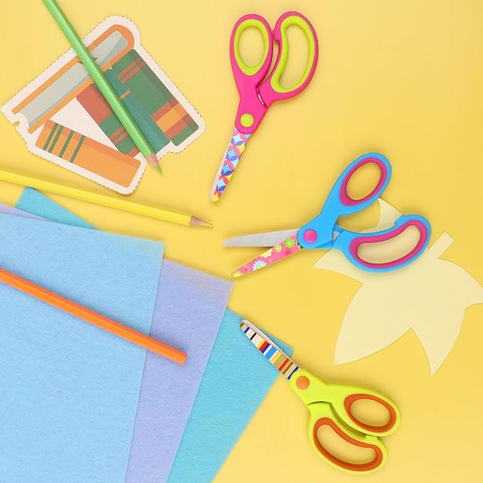 Patterned kids Scissors, Blunt Safety Children's Handmade Scissors, Stainless Steel Blades, Soft Grips, Pink, Blue, Fruit Green 3 Piece Set