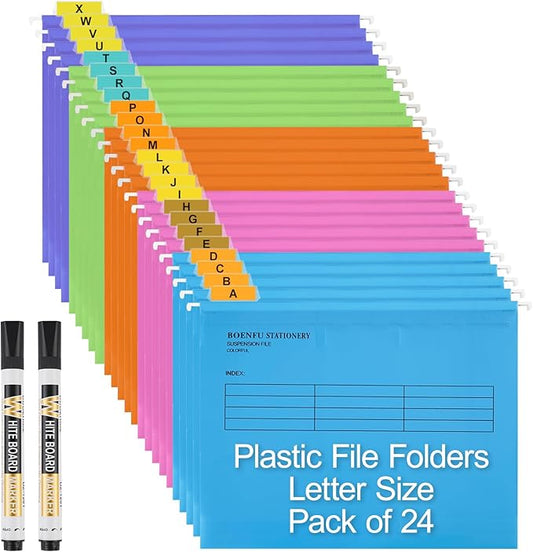 BOENFU 24 Pack Colored Hanging File Folders Letter Size Plastic File Folders with Adjustable Tabs, 2 Markers, Hanging Organizer File Folders for Efficient Filing