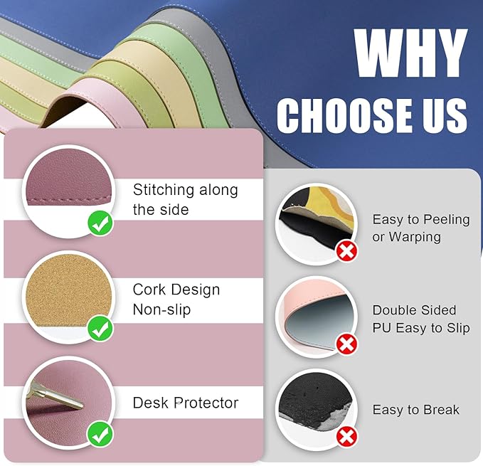 Dual-Sided Desk Pad, Natural Cork & PU Leather Mouse Pad for Desk, Desk Pad Protector, Non-Slip Desk Mat for Office and Home Work, (Purple Pink, 23.6" x 13.7")