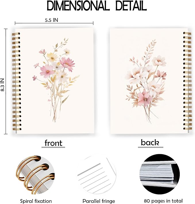 JWVK Elegant Flower Spiral Notebook, Rustic Cottagecore Floral Botanical Notebooks for Note Taking, Floral Aesthetic Journal for Women, Girly Office Supplies, 5.5x8.3 Inch