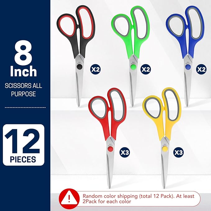 8" 12 Pack All Purpose Heavy Duty Scissors- Comfort-Grip Sharp Scissors for Office School Sewing Fabric Craft High/Middle School Student Teacher Scissor, Right/Left Hand
