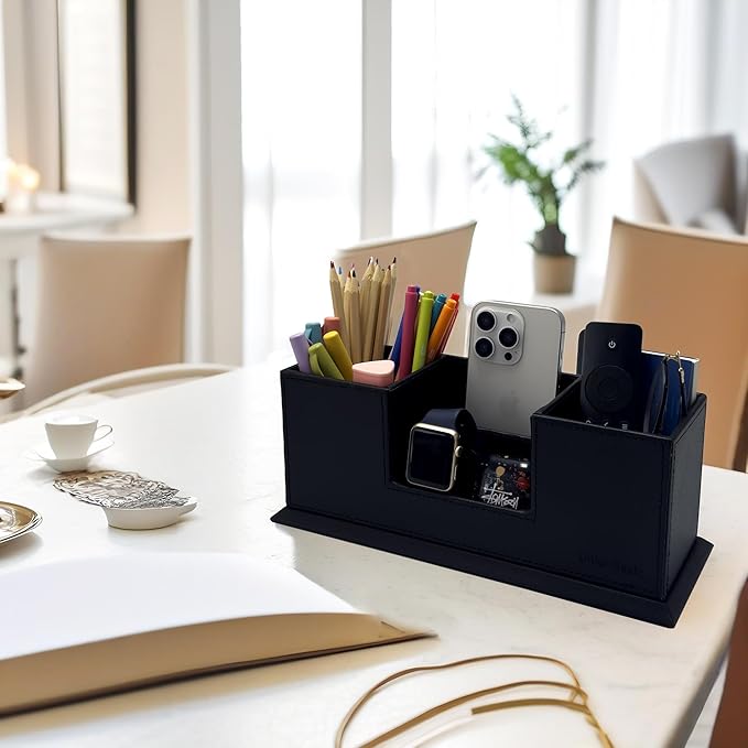 UnionBasic Desk Organizer, Desktop Caddy Leather Multi-compartment Pen Holder Office Stationer Organizer, Black