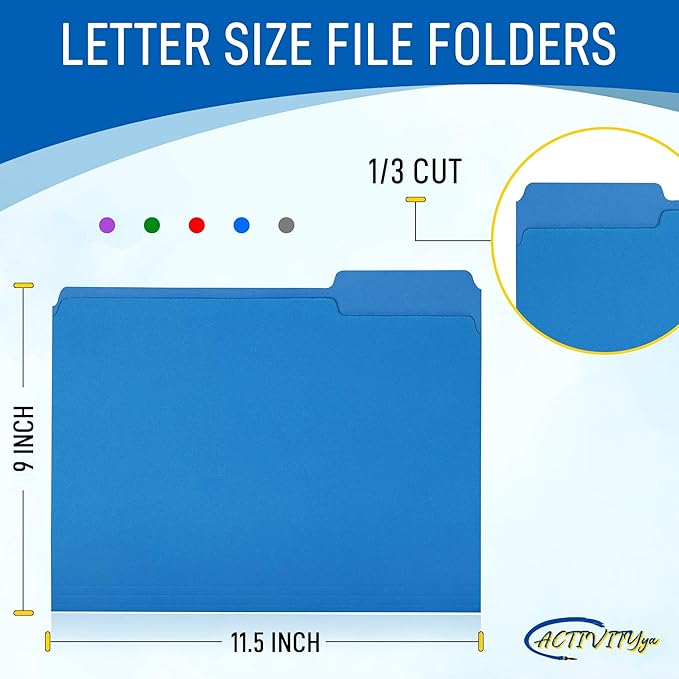 Blue File Folders, 1/3-Cut Tabs, Letter Size, 12-Pack – Durable Office Filing Folders for Documents, Papers, and Organization