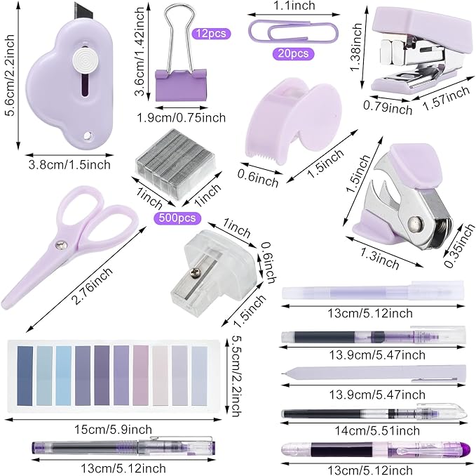Colarr Mini Office Supply Kit Includes Stapler Tape Dispenser Staple Remover Paper Clips Scissor Staples Pen Sharpener Note Small Telescopic Knife for Office and School Clerk Student (Purple)