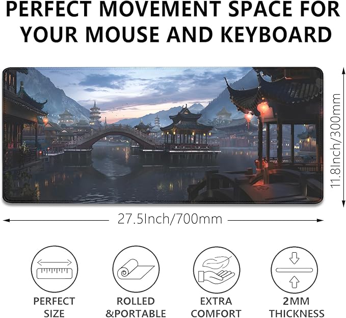 Japanese Style Ancient Pavilion Sky Mountains Extended Desk Pad Mouse Pad,Stitched Edges Non-Slip Rubber Base XL Mouse Mat Desk Mat for Office Home Work Mousepad(27.5X11.8 Inch)