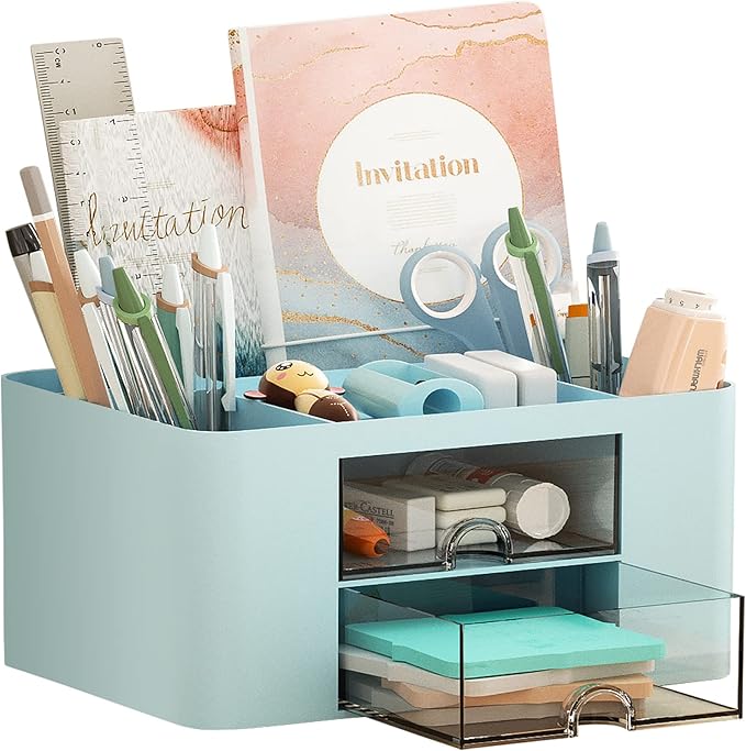 Marbrasse Pen Organizer with 2 Drawer, Multi-Functional Pencil Holder for Desk, Desk Organizers and Accessories with 5 Compartments + Drawer for Office Art Supplies (Blue)