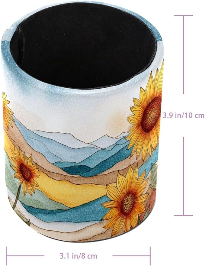 Watercolor Art Sunflower PVC Leather Circular Pencil Holder for Desk Organizer Stationery Holder for Office, School(3.9 x 3.1 Inches)